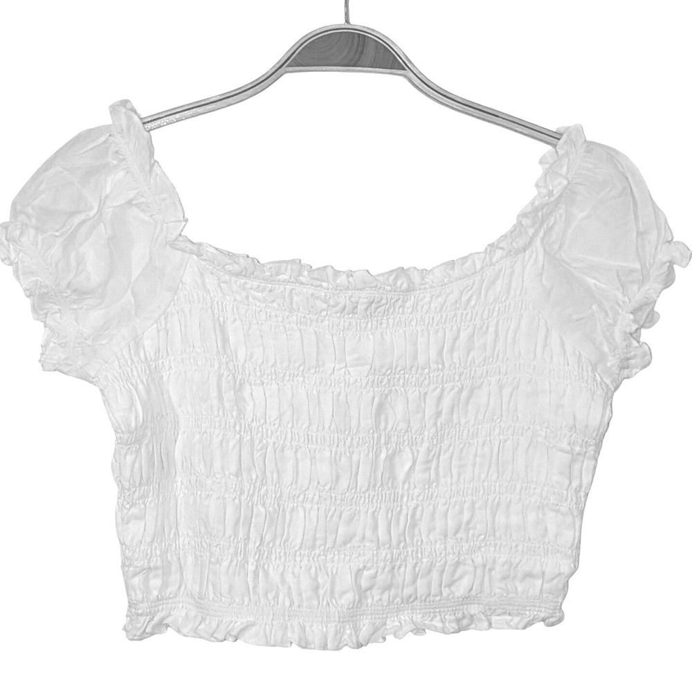 American Eagle White Smocked‎ Crop Top Off Shoulder Ruffle Small NWT $35